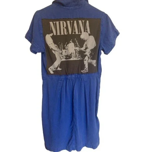Reworked J Crew Blue Shirt Mini Dress Nirvana Band Patch Grunge Indie Size 4 - Picture 3 of 12